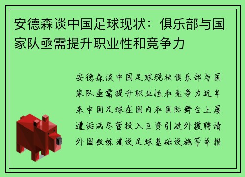 安德森谈中国足球现状：俱乐部与国家队亟需提升职业性和竞争力