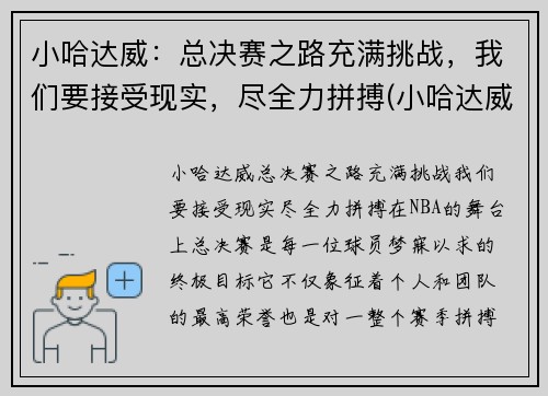 小哈达威：总决赛之路充满挑战，我们要接受现实，尽全力拼搏(小哈达威集锦)