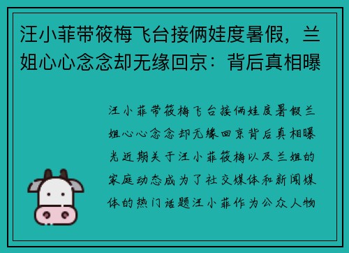 汪小菲带筱梅飞台接俩娃度暑假，兰姐心心念念却无缘回京：背后真相曝光