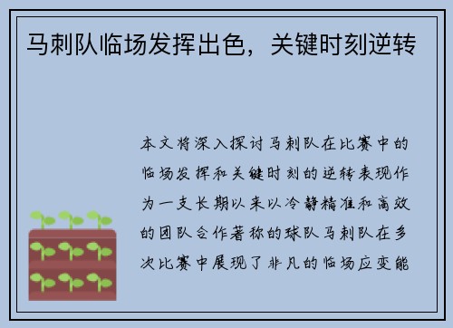 马刺队临场发挥出色，关键时刻逆转