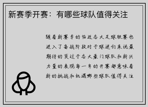 新赛季开赛：有哪些球队值得关注