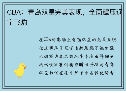 CBA：青岛双星完美表现，全面碾压辽宁飞豹