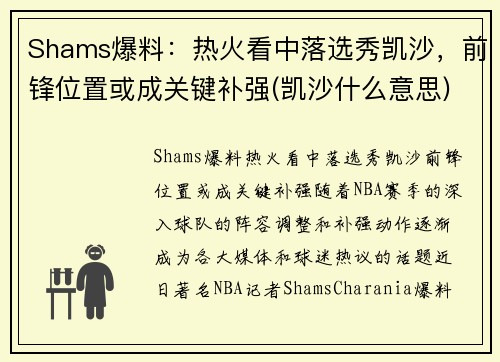 Shams爆料：热火看中落选秀凯沙，前锋位置或成关键补强(凯沙什么意思)