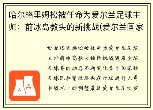 哈尔格里姆松被任命为爱尔兰足球主帅：前冰岛教头的新挑战(爱尔兰国家队主帅)